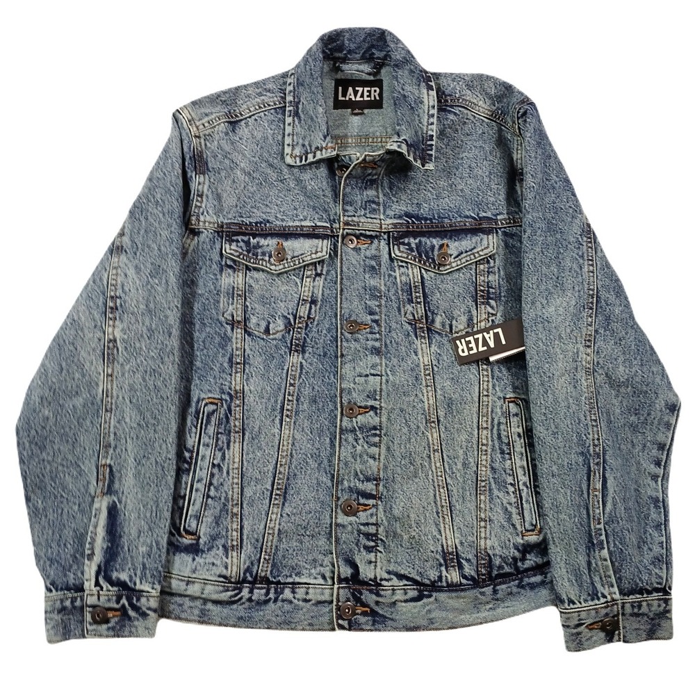 Lazer Denim Short‎ Trucker Jacket Mens Large Medium Blue Wash Jean $78 NEW